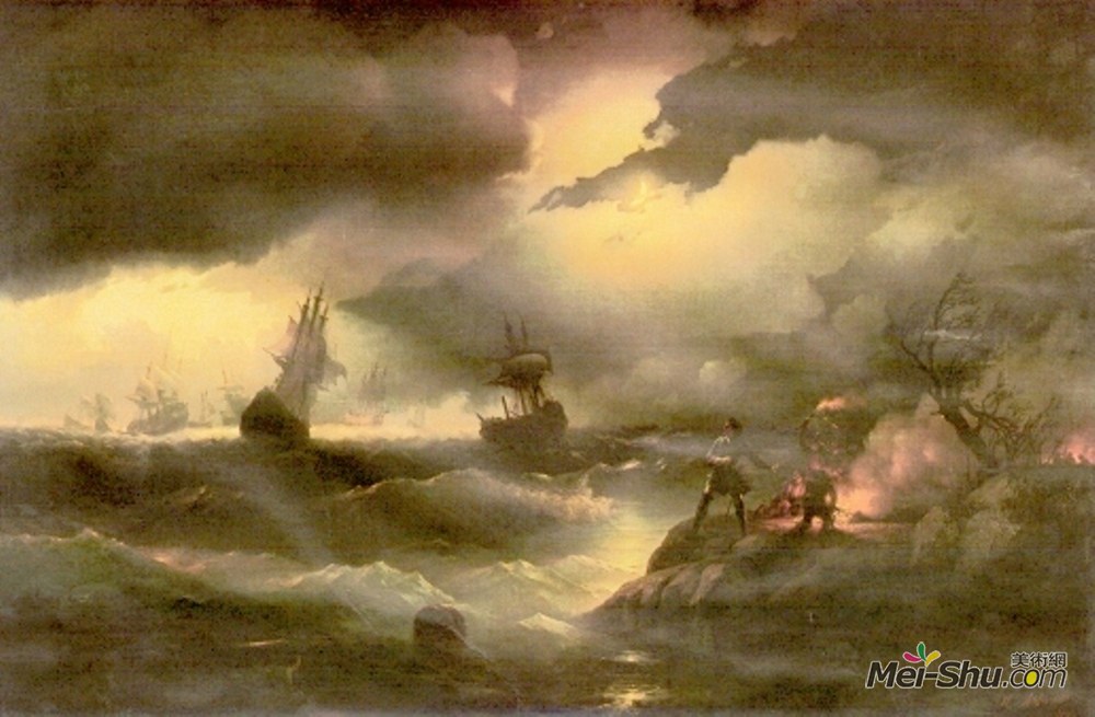 艾伊瓦佐夫斯基(Ivan Aivazovsky)高清作品《彼得第一个燃放表火的人》