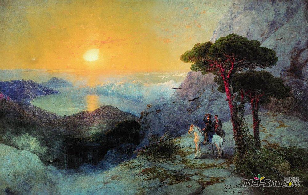 艾伊瓦佐夫斯基(Ivan Aivazovsky)高清作品《Pushkin at the top of the Ai-Petri Mountain at sunrise》