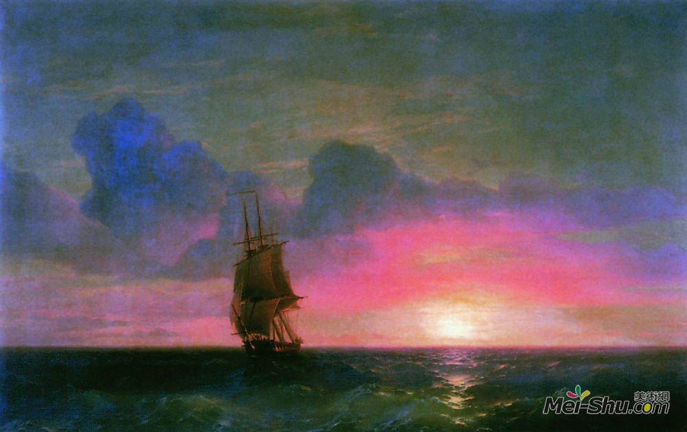 艾伊瓦佐夫斯基(Ivan Aivazovsky)高清作品《日落。孤独的帆船》