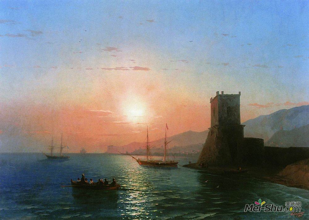艾伊瓦佐夫斯基(Ivan Aivazovsky)高清作品《在费奥多西亚的日落》