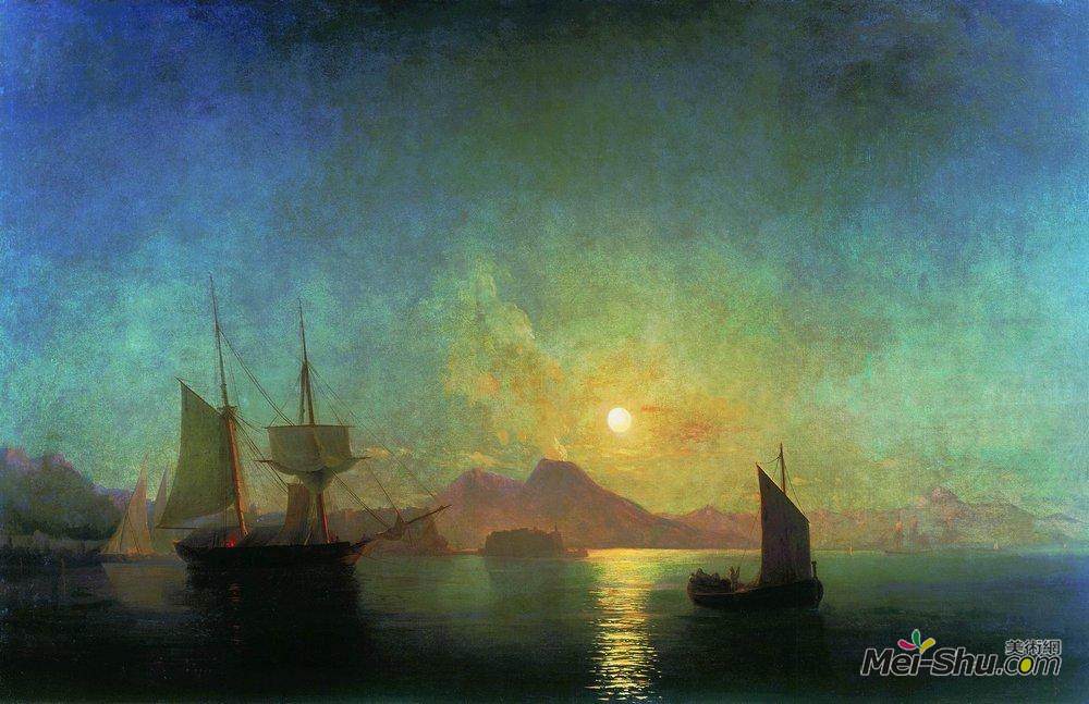 艾伊瓦佐夫斯基(Ivan Aivazovsky)高清作品《月光下的那不勒斯湾》