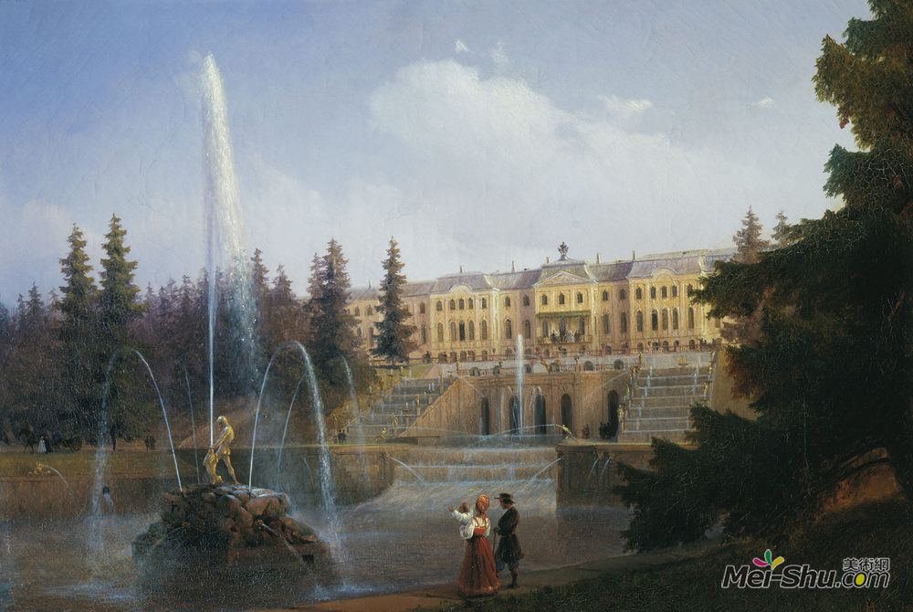 艾伊瓦佐夫斯基(Ivan Aivazovsky)高清作品《View of the Big Cascade in Petergof and the Great Palace of》