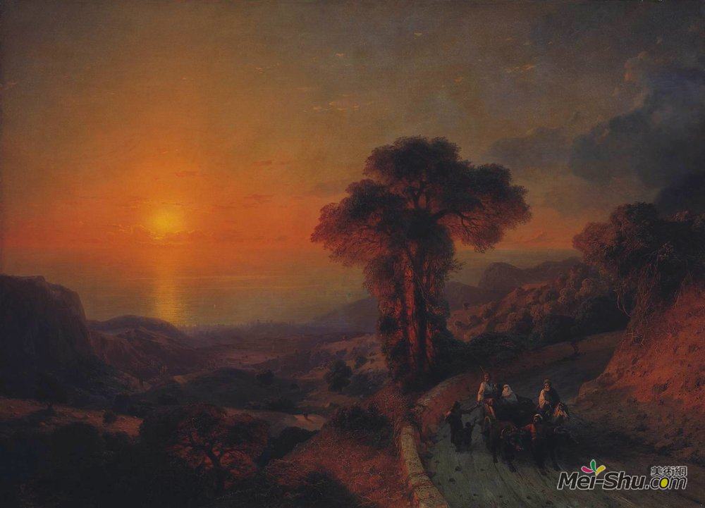 艾伊瓦佐夫斯基(Ivan Aivazovsky)高清作品《日落时从山上眺望大海。克里米亚》