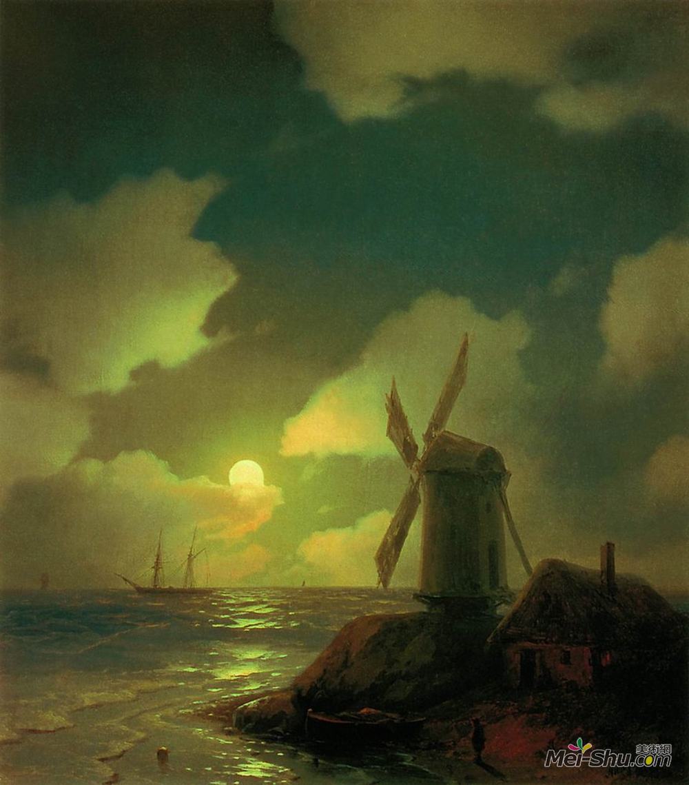 艾伊瓦佐夫斯基(Ivan Aivazovsky)高清作品《在沿海的风车》