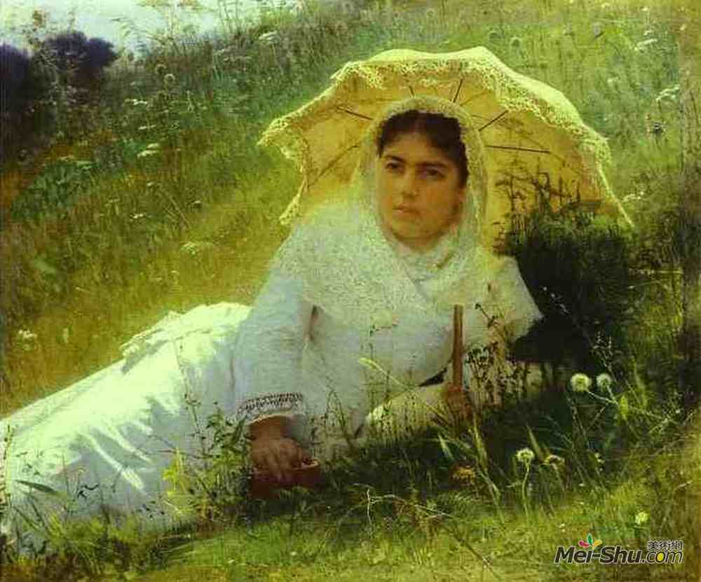 伊万·尼古拉耶维奇·克拉姆斯柯依(Ivan Kramskoy)高清作品《带伞的女人（在草地上，中午）》
