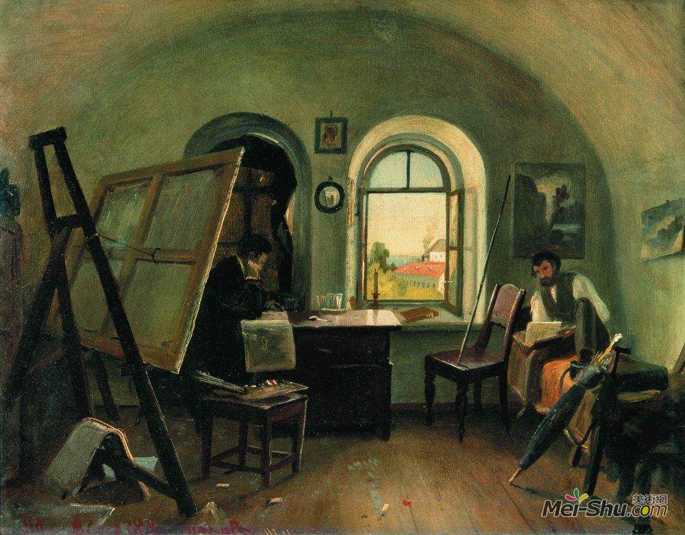 伊万·希什金(Ivan Shishkin)高清作品《Ivan Shishkin and A. Guinet in the studio on the island of V》