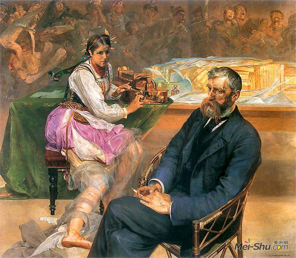 杰西克马尔塞夫斯基(Jacek Malczewski)高清作品《Portrait of Adam Asnyk with a Muse》