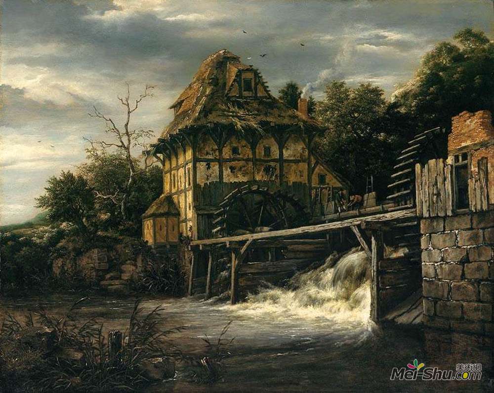雅各布布·凡·雷斯达尔(Jacob van Ruisdael)高清作品《人开水闸的两种下冲式水磨机》
