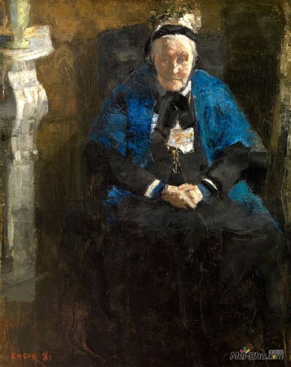 詹姆斯·恩索尔(James Ensor)高清作品《披着蓝色披肩的老妇人（画家的祖母）》