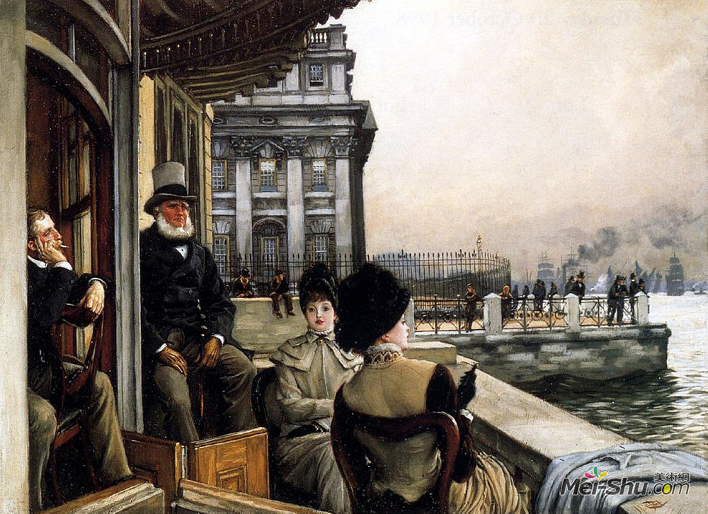 詹姆斯·天梭(James Tissot)高清作品《格林尼治特拉法尔加酒馆的露台》