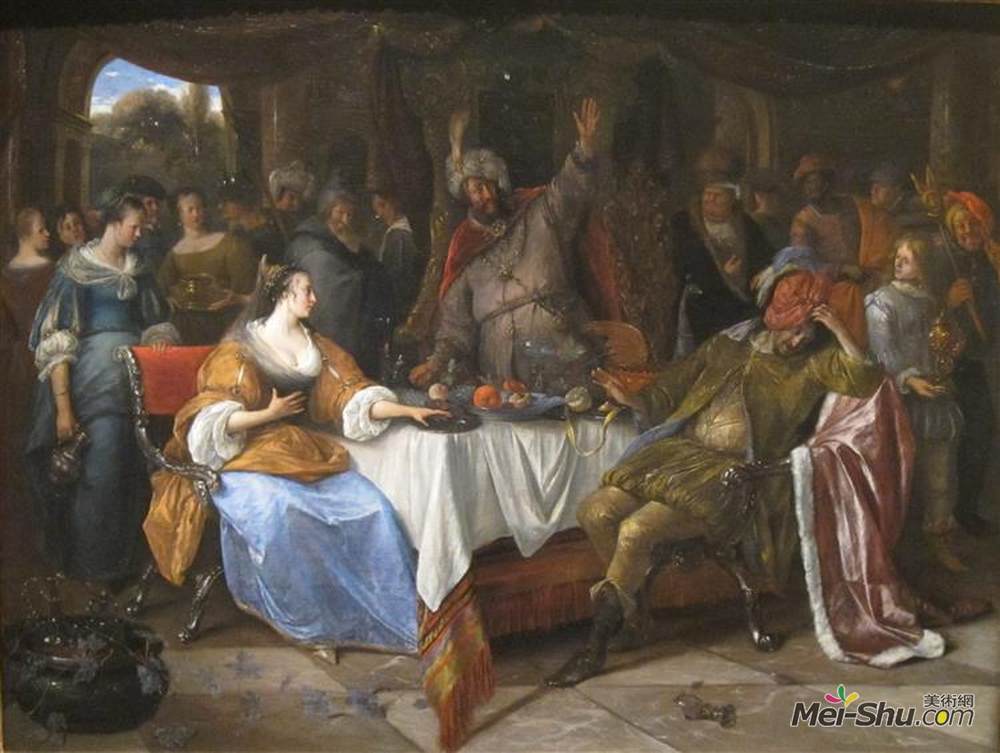 扬·斯蒂恩(Jan Steen)高清作品《亚哈随鲁，以斯帖，和哈曼》