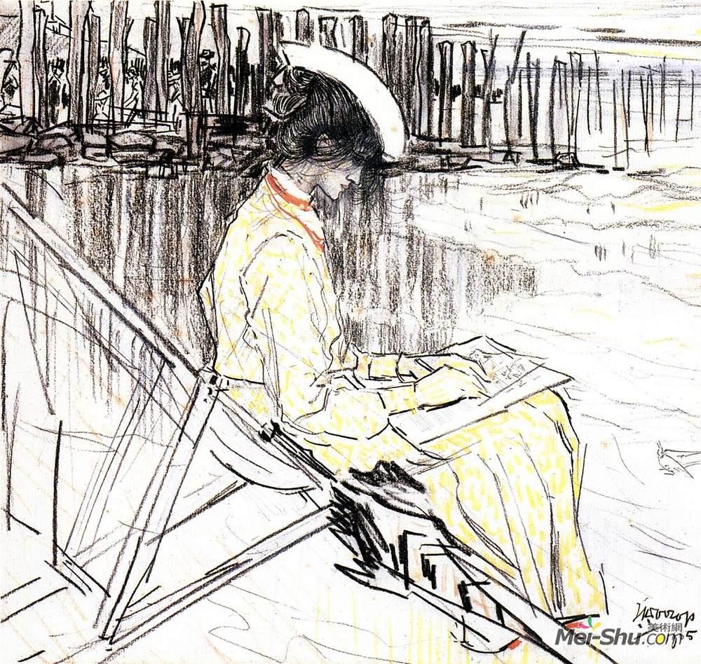 简·托罗普(Jan Toorop)高清作品《Portrait of Emma Bellwidt on the Beach at Domburg》