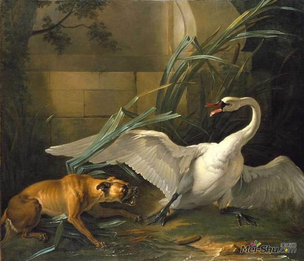 让·巴普蒂斯特·乌德里(Jean-Baptiste Oudry)高清作品《被狗袭击的天鹅》