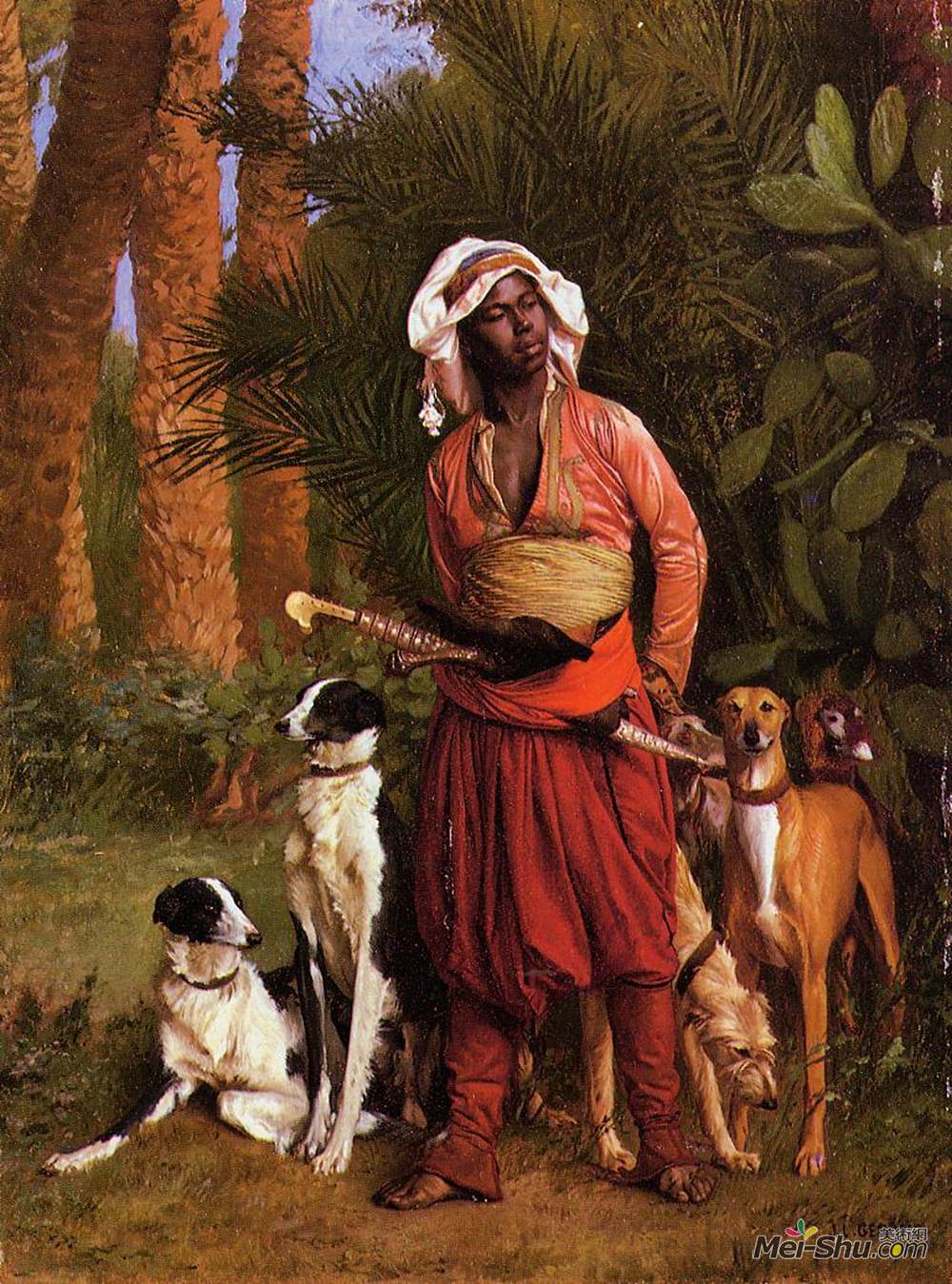 让·莱昂·热罗姆(Jean-Leon Gerome)高清作品《猎犬的黑人主人》