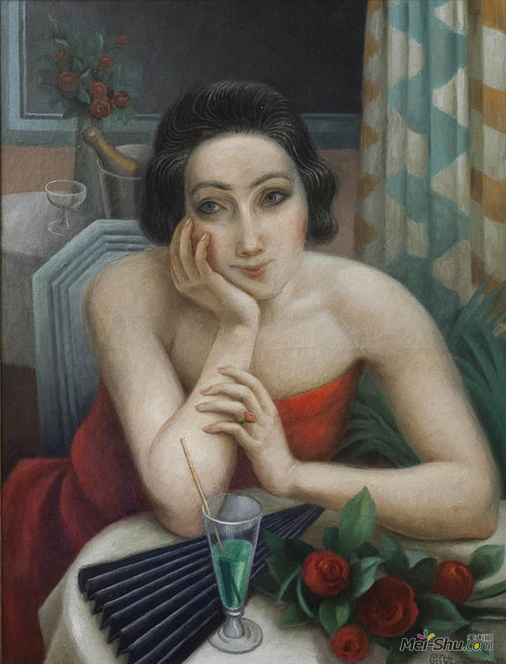 让·梅金杰(Jean Metzinger)高清作品《忧郁的年轻女子的红玫瑰》