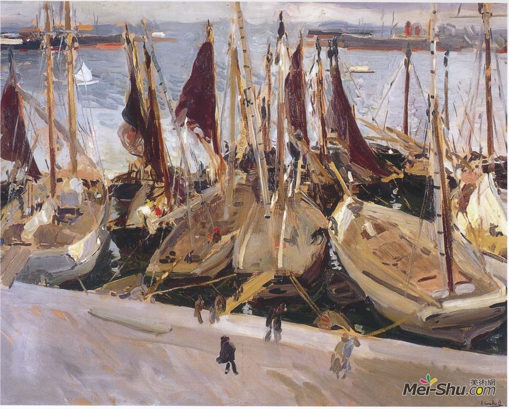 华金·索罗拉(Joaquín Sorolla)高清作品《瓦伦西亚港的船只》