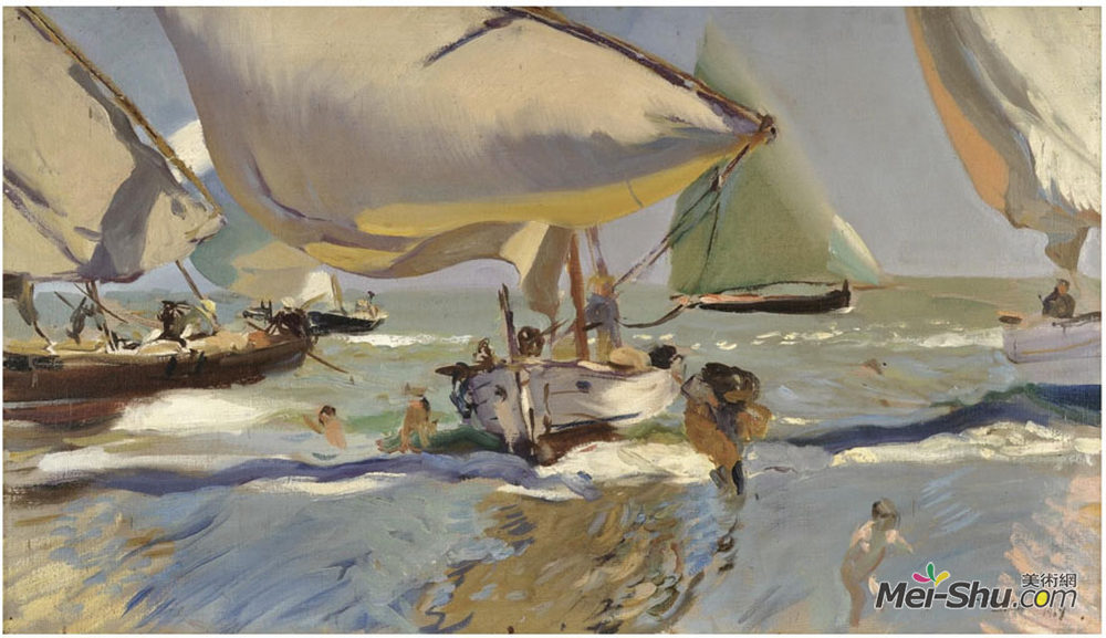 华金·索罗拉(Joaquín Sorolla)高清作品《海滩上的小船》