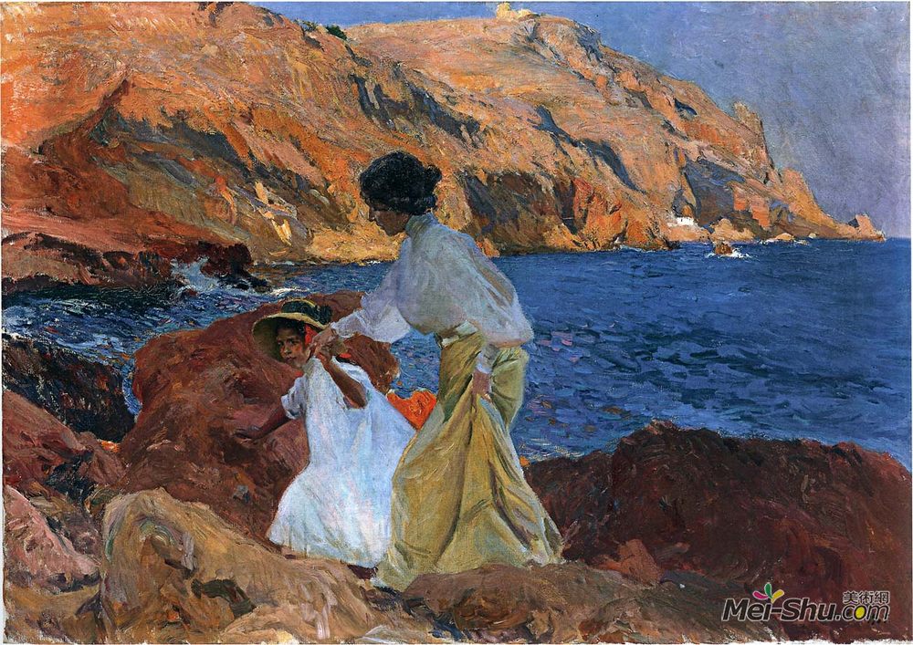 华金·索罗拉(Joaquín Sorolla)高清作品《Clotilde and Elena on the Rocks at Javea》