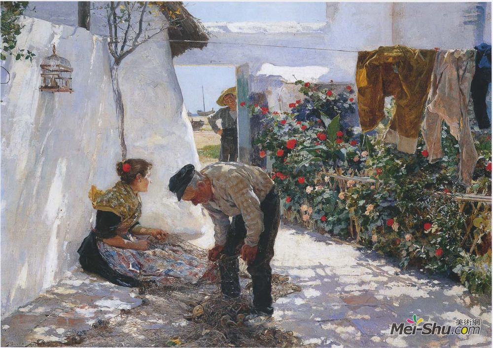 华金·索罗拉(Joaquín Sorolla)高清作品《渔网》