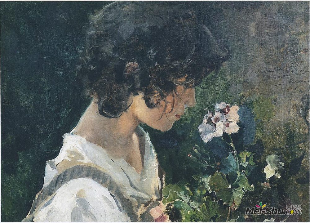 华金·索罗拉(joaquín sorolla)高清作品《有花的意大利女孩》