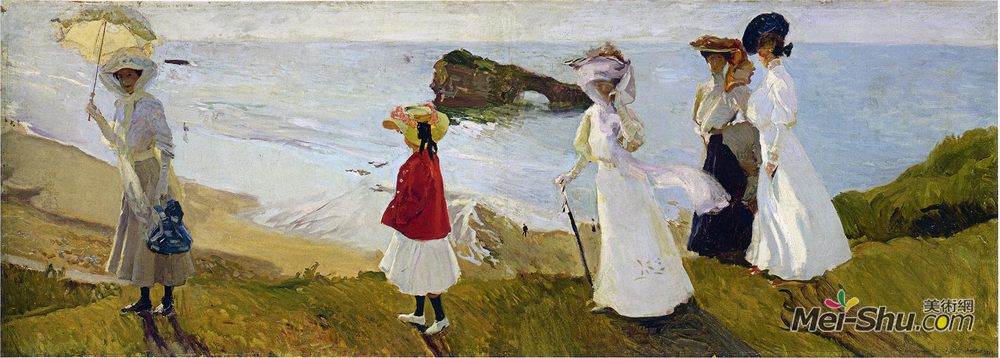 华金·索罗拉(Joaquín Sorolla)高清作品《比亚里茨灯塔漫步》