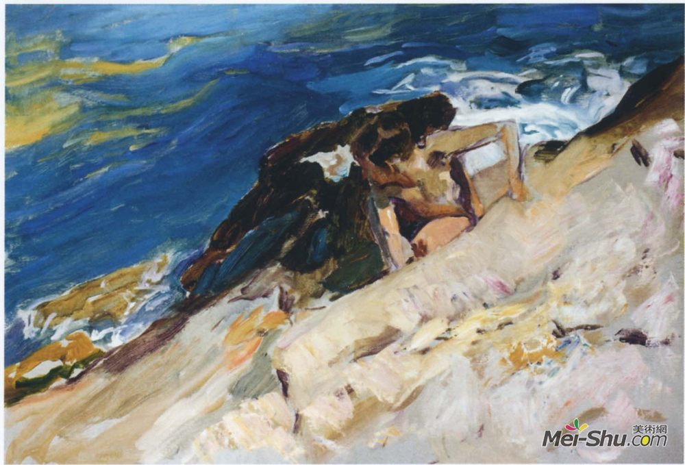 华金·索罗拉(Joaquín Sorolla)高清作品《Looking for Crabs among the Rocks, Javea》