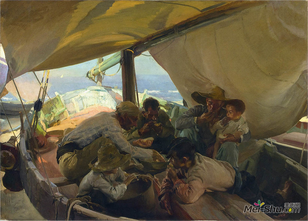华金·索罗拉(Joaquín Sorolla)高清作品《小船上的午餐》