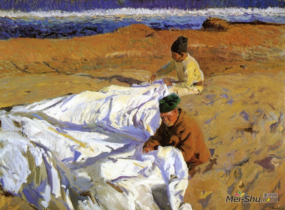 华金·索罗拉(Joaquín Sorolla)高清作品《修帆》