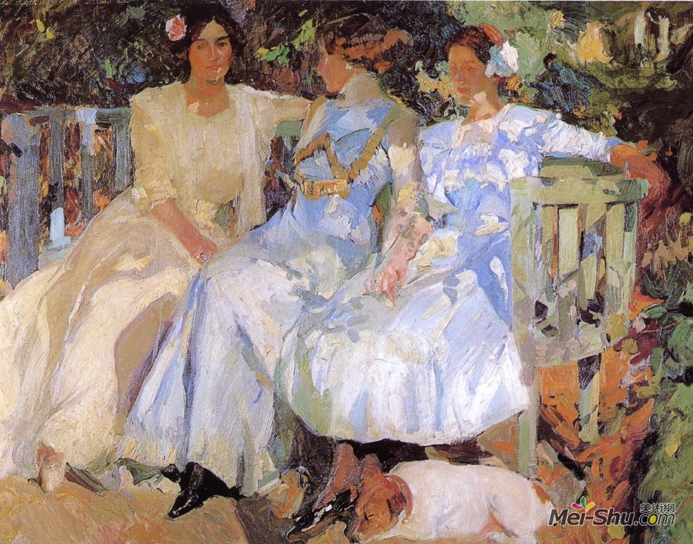 华金·索罗拉(Joaquín Sorolla)高清作品《我的妻子和女儿在花园里》