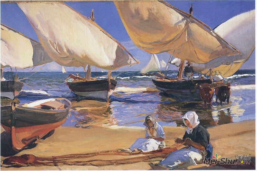 《在瓦伦西亚的海滩上》华金·索罗拉(joaqu&amp#237n sorolla)高清作