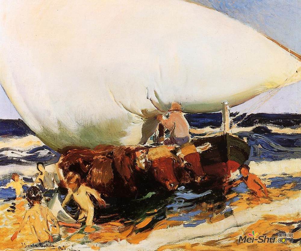 华金·索罗拉(Joaquín Sorolla)高清作品《在海滩上，瓦伦西亚》