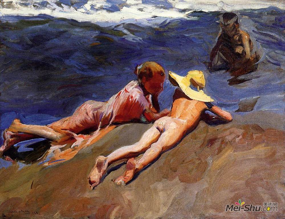 华金·索罗拉(Joaquín Sorolla)高清作品《在沙滩上，瓦伦西亚海滩》