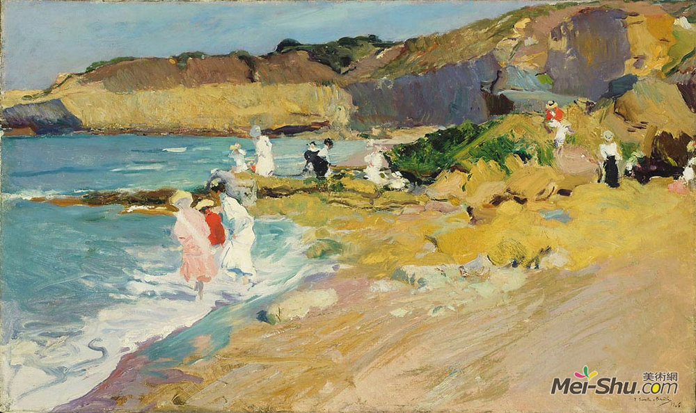 华金·索罗拉(Joaquín Sorolla)高清作品《岩石与灯塔，比亚里茨》