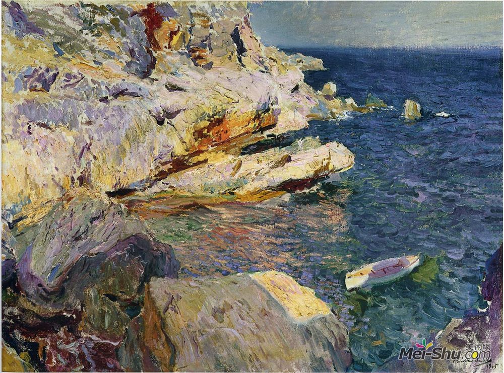 华金·索罗拉(Joaquín Sorolla)高清作品《Rocks and white boat, Javea》