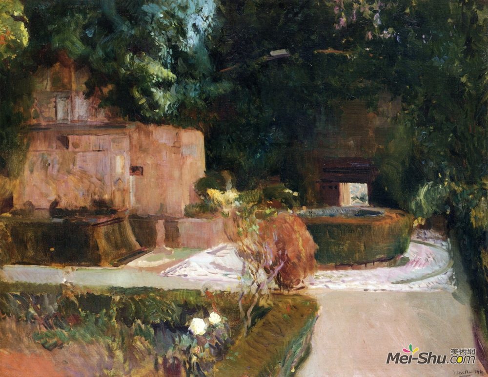 华金·索罗拉(Joaquín Sorolla)高清作品《洛斯阿达维斯花园，阿尔罕布拉，格拉纳达》