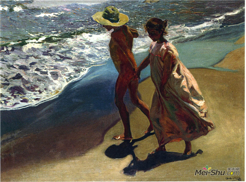 华金·索罗拉(Joaquín Sorolla)高清作品《到水里》