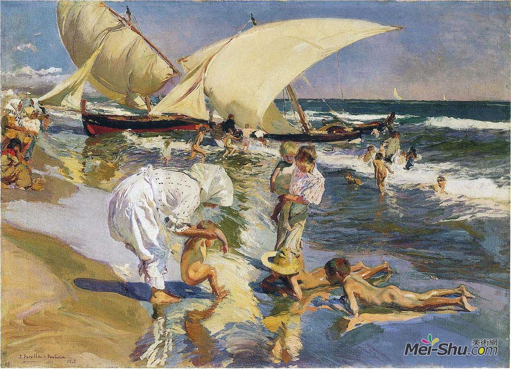 华金·索罗拉(Joaquín Sorolla)高清作品《晨光中的瓦伦西亚海滩》