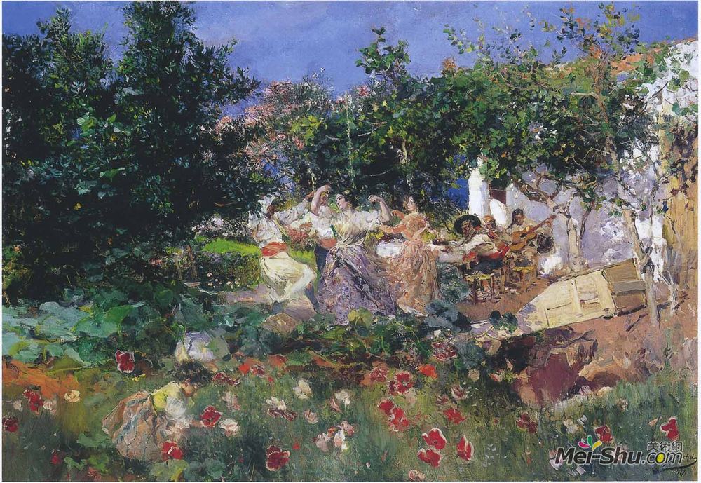 华金·索罗拉(Joaquín Sorolla)高清作品《Valencian fiesin an orange grove》