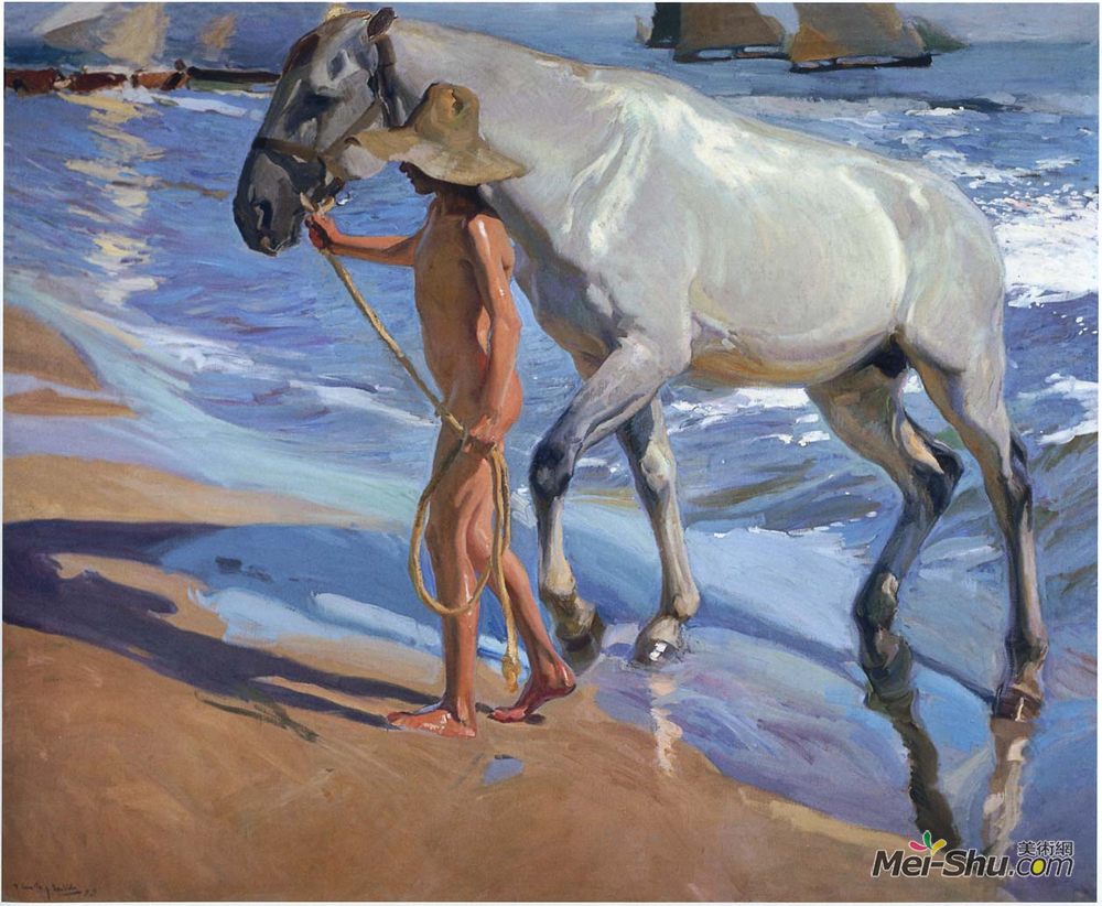 华金·索罗拉(Joaquín Sorolla)高清作品《洗马》