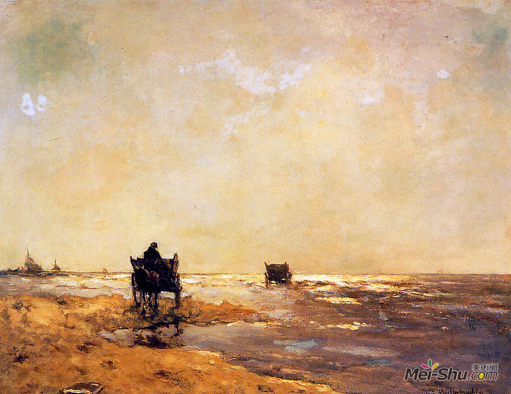 扬·亨德里克·魏森布鲁赫(Johan Hendrik Weissenbruch)高清作品《海滩景观》