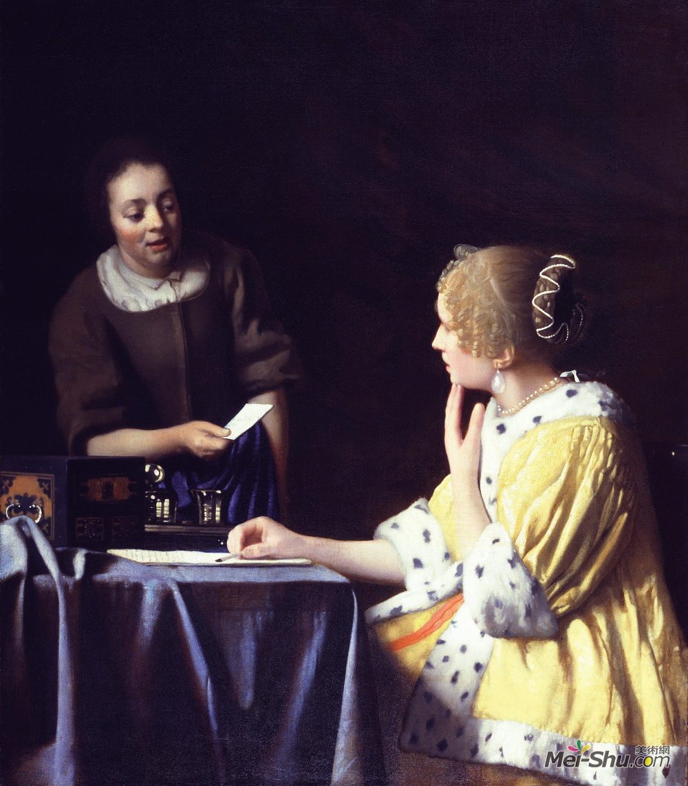 约翰内斯·维米尔(Johannes Vermeer)高清作品《情妇与女仆（女侍女拿着一张纸）》