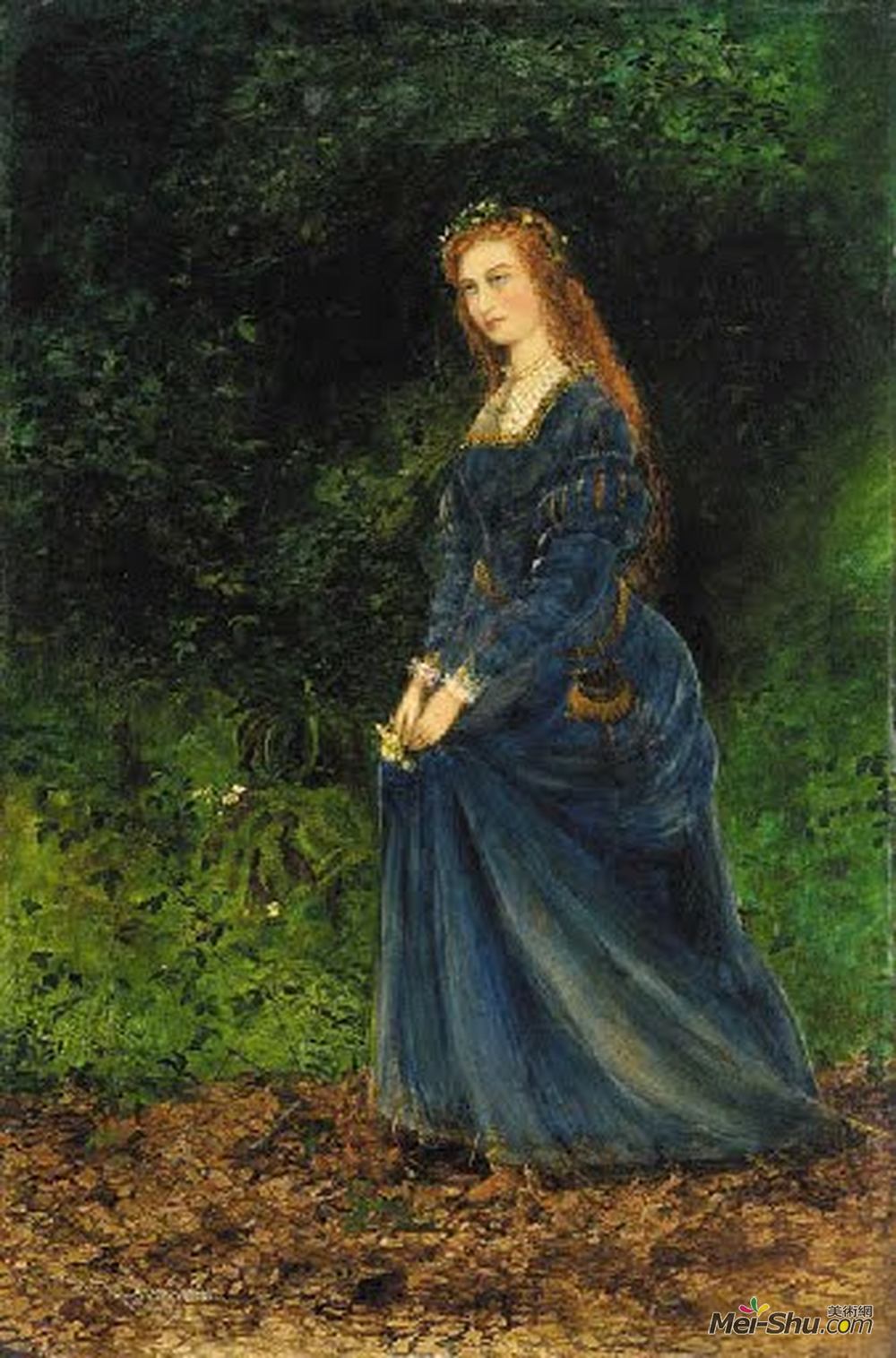 约翰·阿特金森·格里姆肖(John Atkinson Grimshaw)高清作品《作为奥菲莉亚的艺术家的妻子西奥多西亚的肖像》