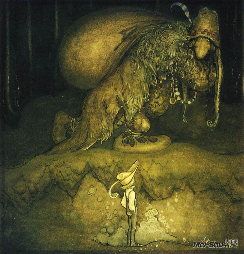 约翰·鲍尔(John Bauer)高清作品《晚安，老头！男孩打招呼》