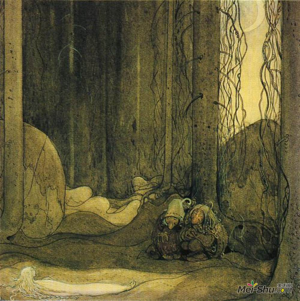 约翰·鲍尔(John Bauer)高清作品《当她再次醒来时，她正躺在前面的苔藓上。》