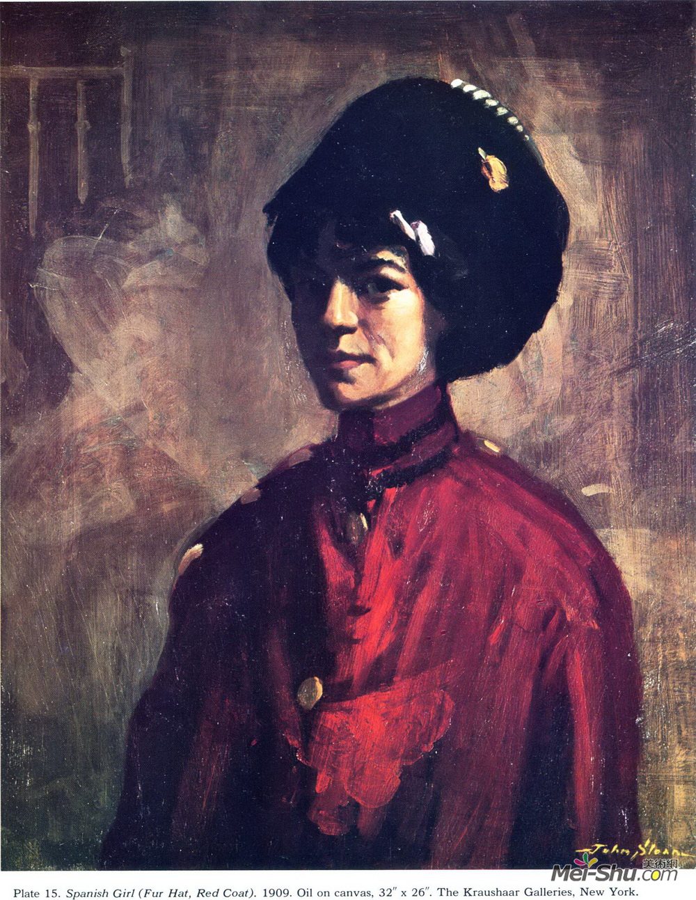 约翰法国斯隆(John French Sloan)高清作品《西班牙女孩（毛皮帽子，红色外套）》