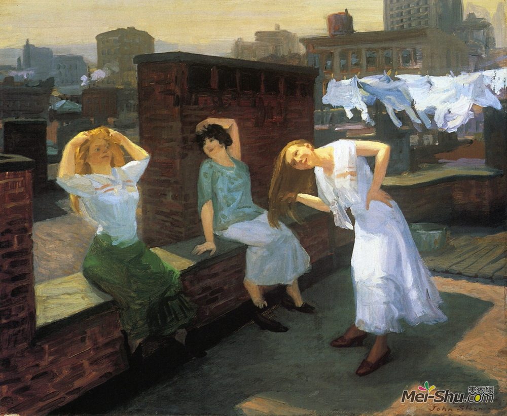 约翰法国斯隆(John French Sloan)高清作品《星期日，女人们晒头发》