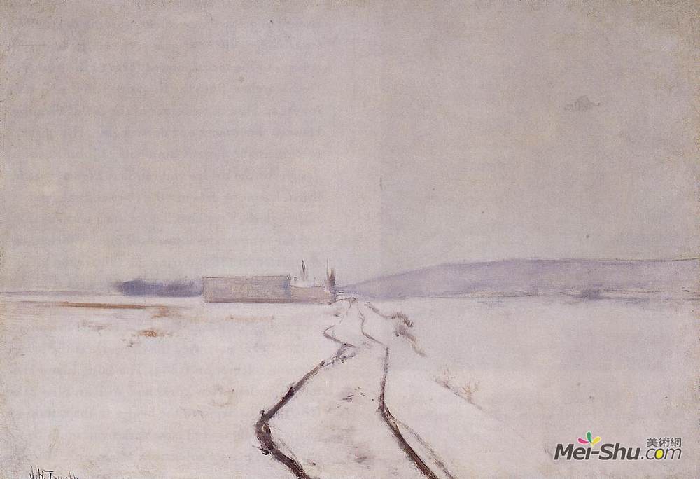 约翰·亨利·特瓦克特曼(John Henry Twachtman)高清作品《沿着河，冬天》