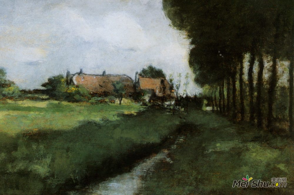 约翰·亨利·特瓦克特曼(John Henry Twachtman)高清作品《房屋与溪流景观》