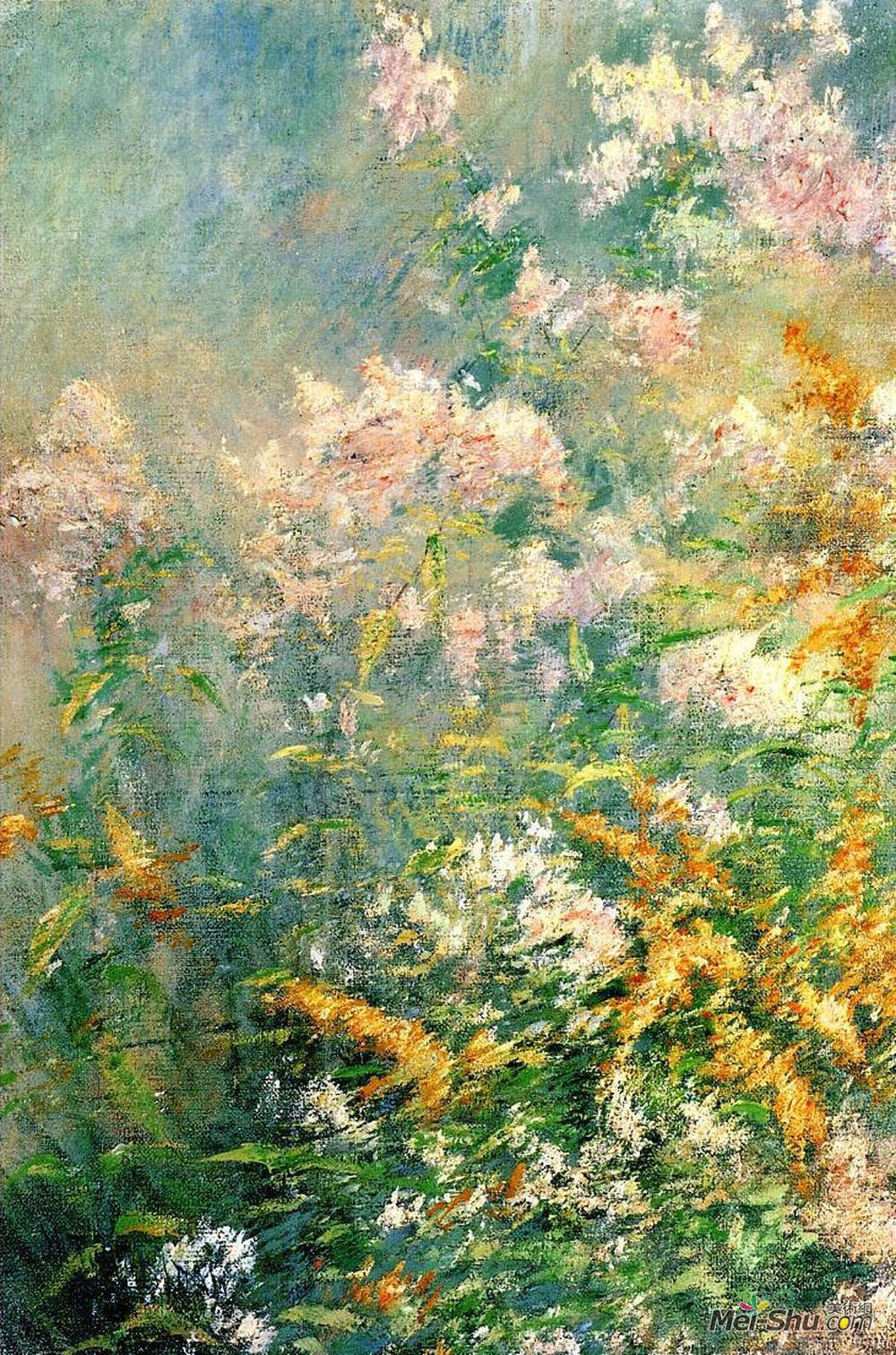 约翰·亨利·特瓦克特曼(John Henry Twachtman)高清作品《草甸花（金杆和野生翠菊）》