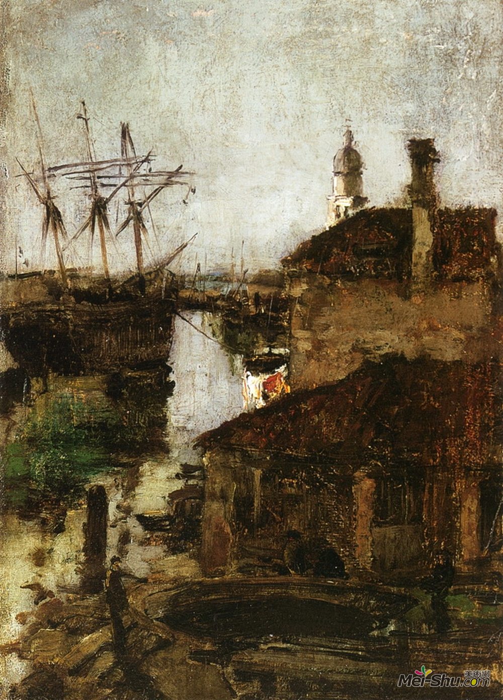 约翰·亨利·特瓦克特曼(John Henry Twachtman)高清作品《威尼斯船坞》